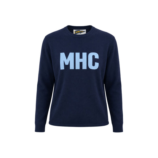A navy blue crewneck sweater with the letters 'MHC' printed in light blue across the chest, displayed on a clean white background.