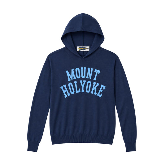 A navy blue pullover hoodie with 'MOUNT HOLYOKE' printed in light blue arched block letters across the chest, displayed on a clean white background.