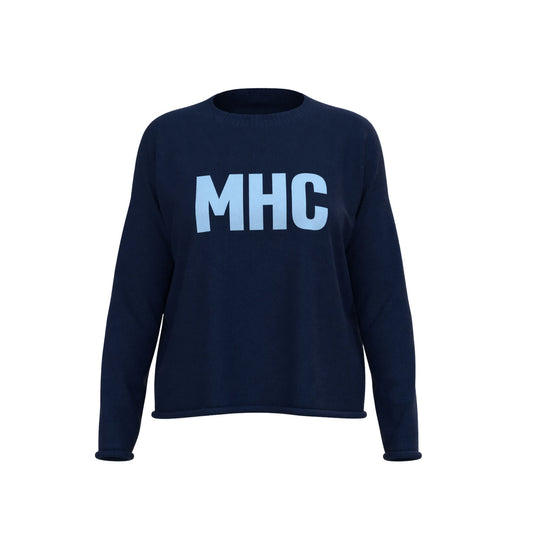 Navy blue sweatshirt with 'MHC' text on a white background