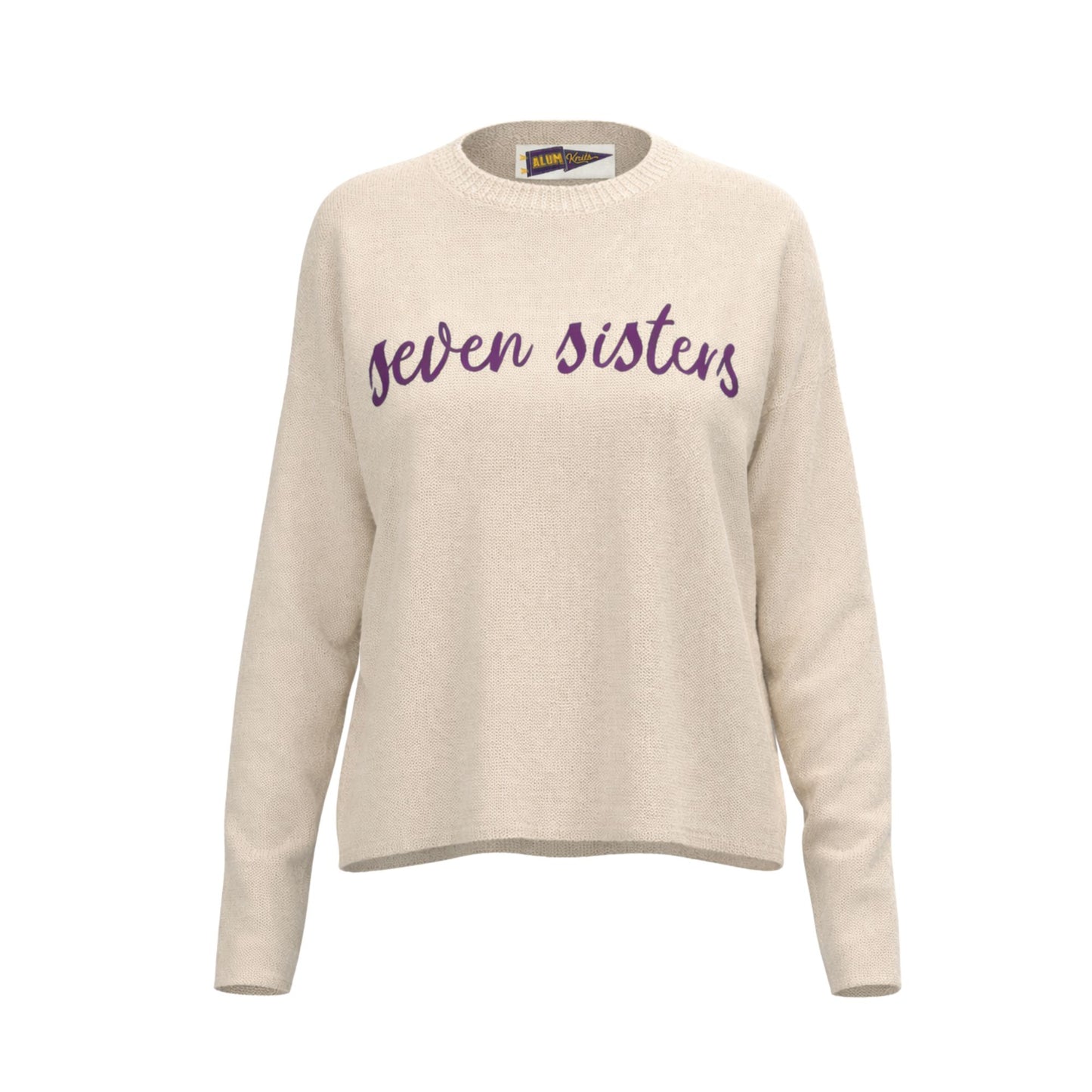 Beige sweater with 'Seven Sisters' text on a white background