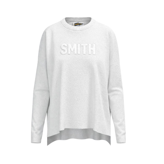 White sweatshirt with 'SMITH' text on a white background