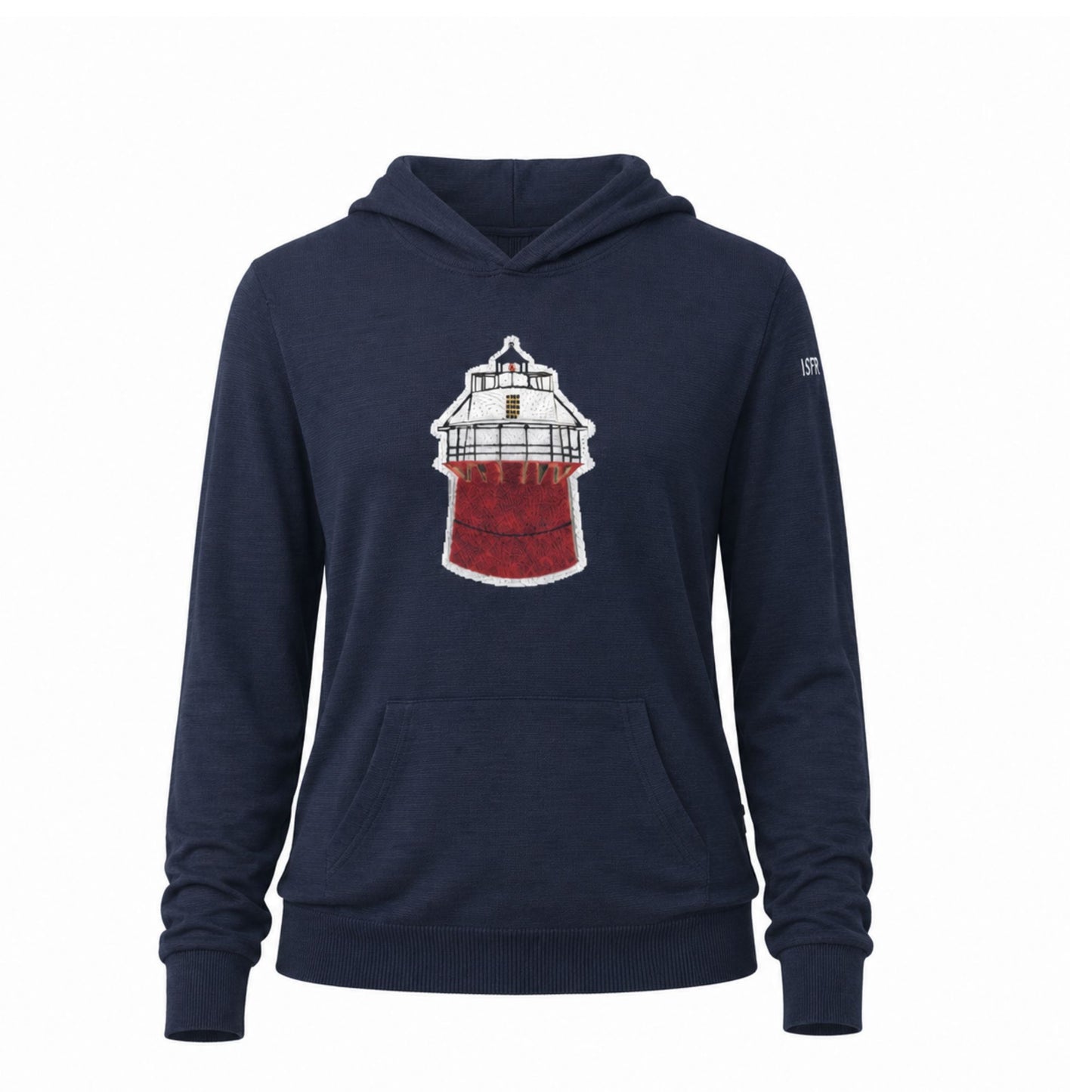 navy blue hooded knit sweater with duxbury bug light 