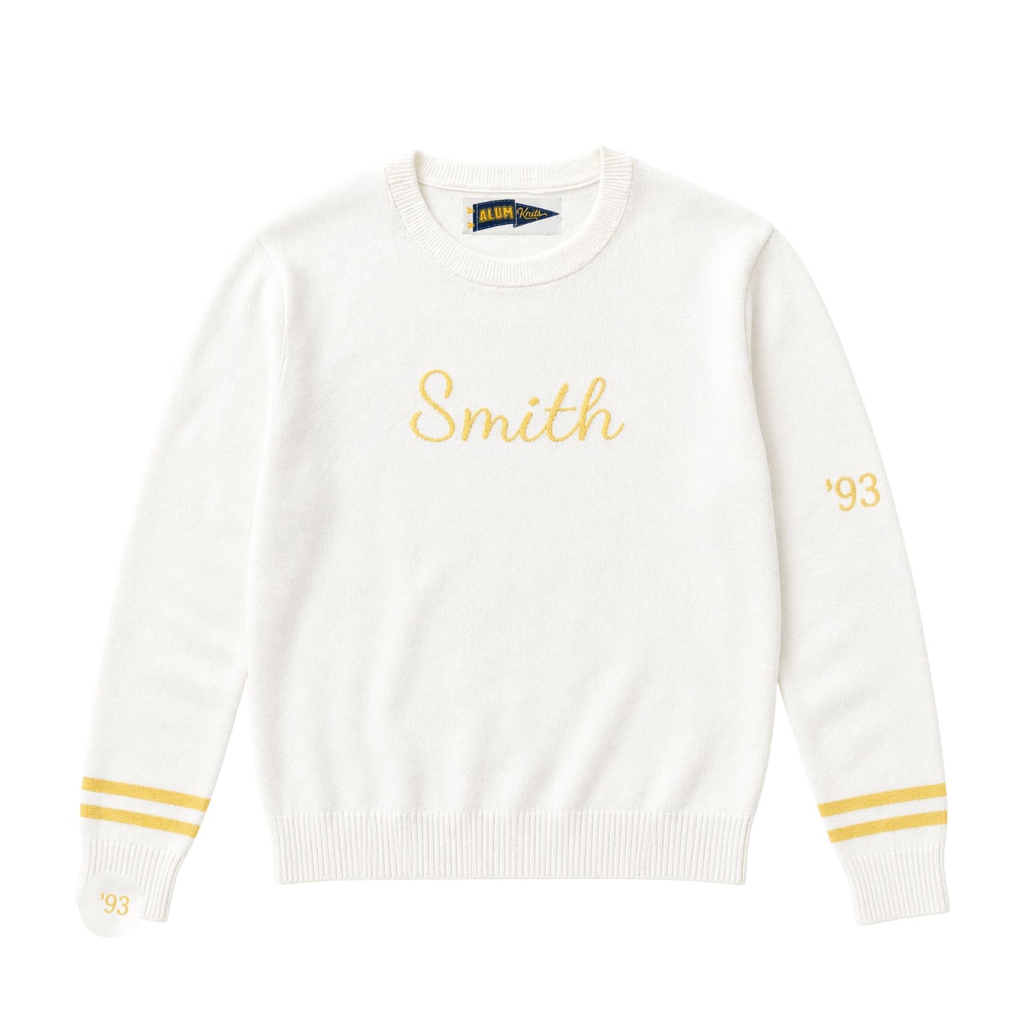 White sweater with 'Smith' and '93' text on a white background