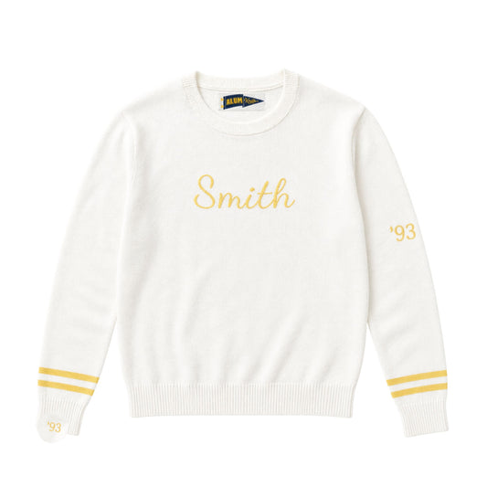White sweater with 'Smith' and '93' text on a white background