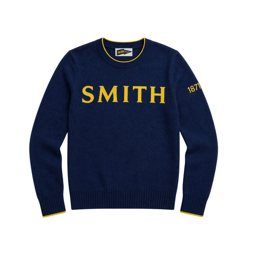 Navy blue sweater with 'SMITH' printed in yellow on a white background