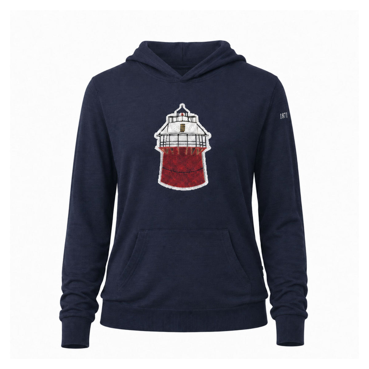 A navy blue pullover hoodie featuring a distressed red and white lighthouse graphic on the center chest, with a small white '1871' print on the right sleeve, shown against a plain white background.