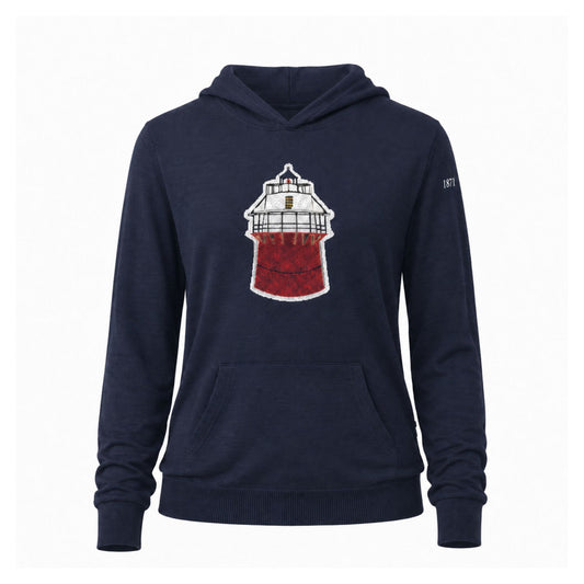 A navy blue pullover hoodie featuring a distressed red and white lighthouse graphic on the center chest, with a small white '1871' print on the right sleeve, shown against a plain white background.