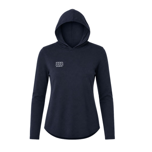 A dark navy blue long-sleeve hooded sweatshirt with a small white text graphic on the left chest, displayed on a clean white background.