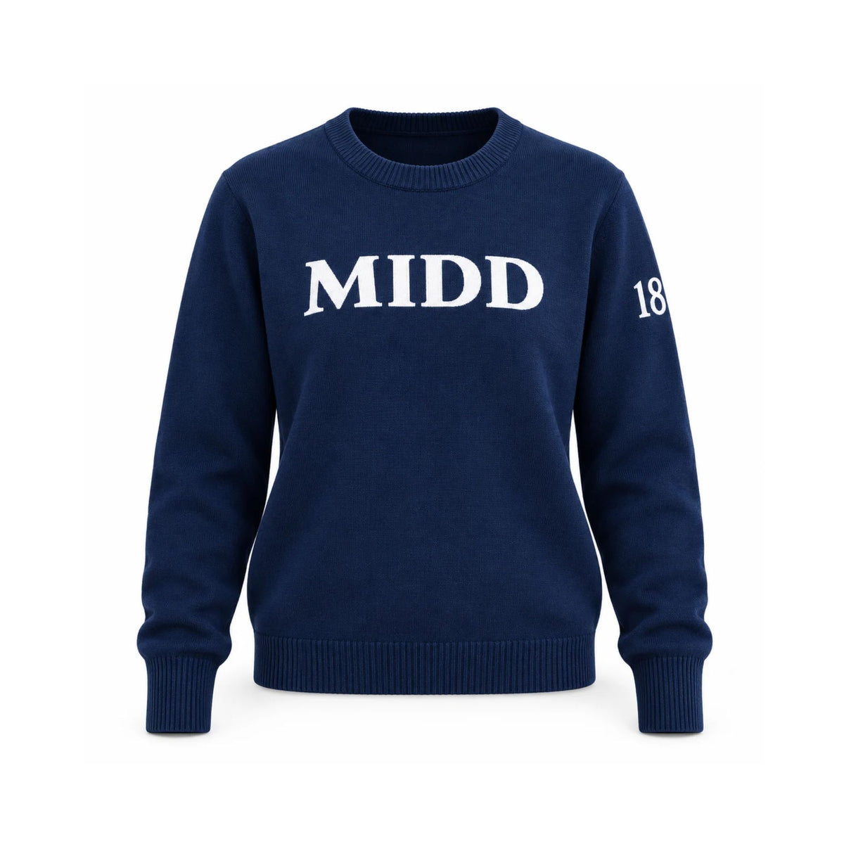 A navy blue crewneck sweatshirt with 'MIDD' printed in white across the chest and '18' printed in white on the right sleeve, shown against a plain white background.