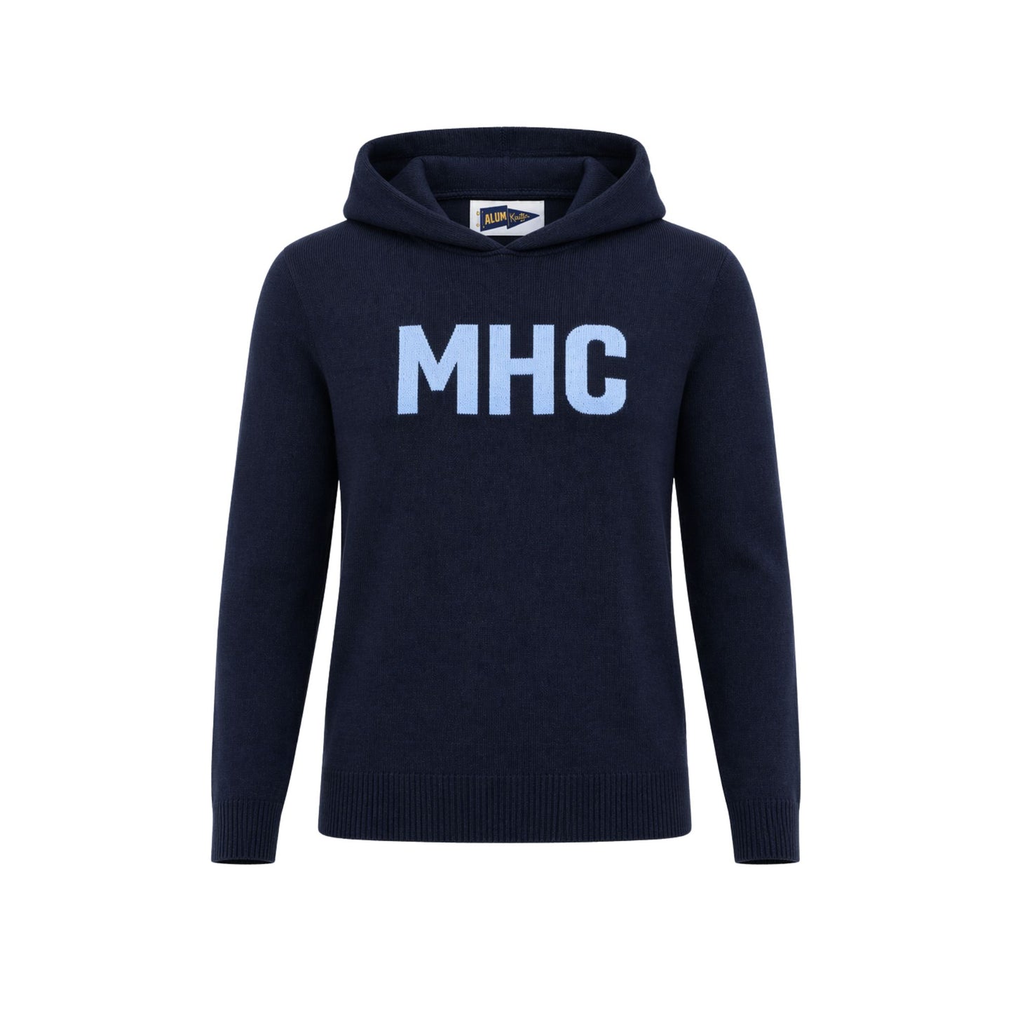 Navy blue hoodie with 'MHC' text on a white background