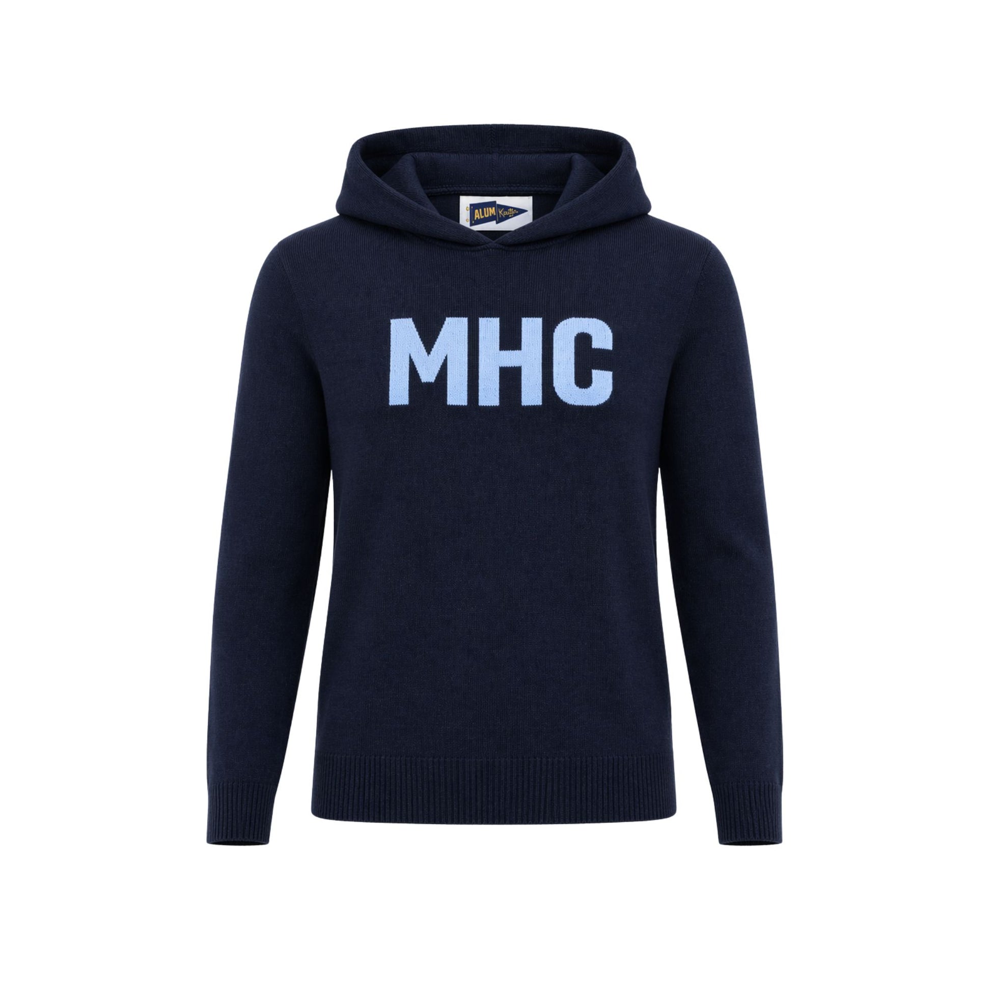 Navy blue hoodie with 'MHC' text on a white background