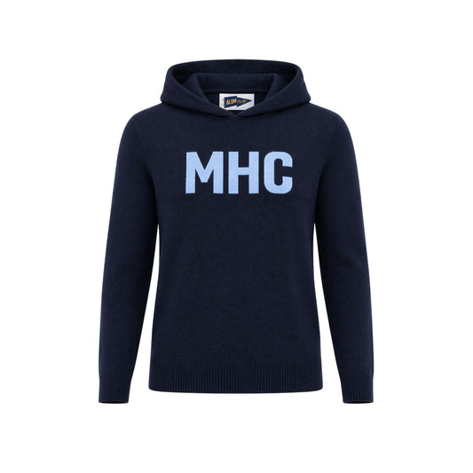 Navy blue hoodie with 'MHC' text on a white background