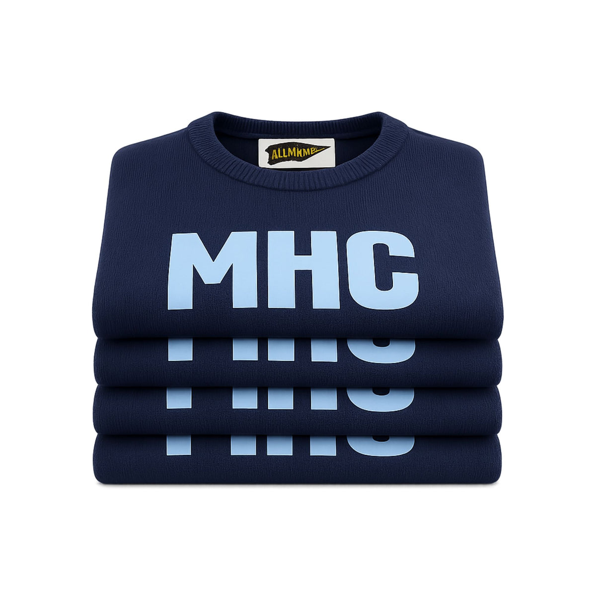 A stack of four folded navy blue crewneck sweatshirts with light blue 'MHC' lettering printed on the front, displayed on a clean white background. The collar label shows the 'All Mine' brand logo.