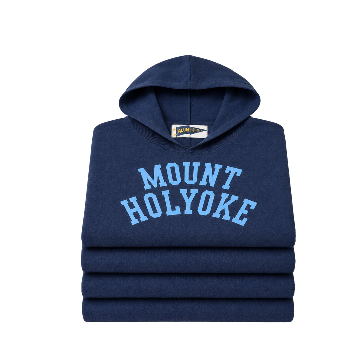 A folded navy blue hoodie with 'MOUNT HOLYOKE' printed in light blue varsity-style lettering across the chest, shown on a plain white background.