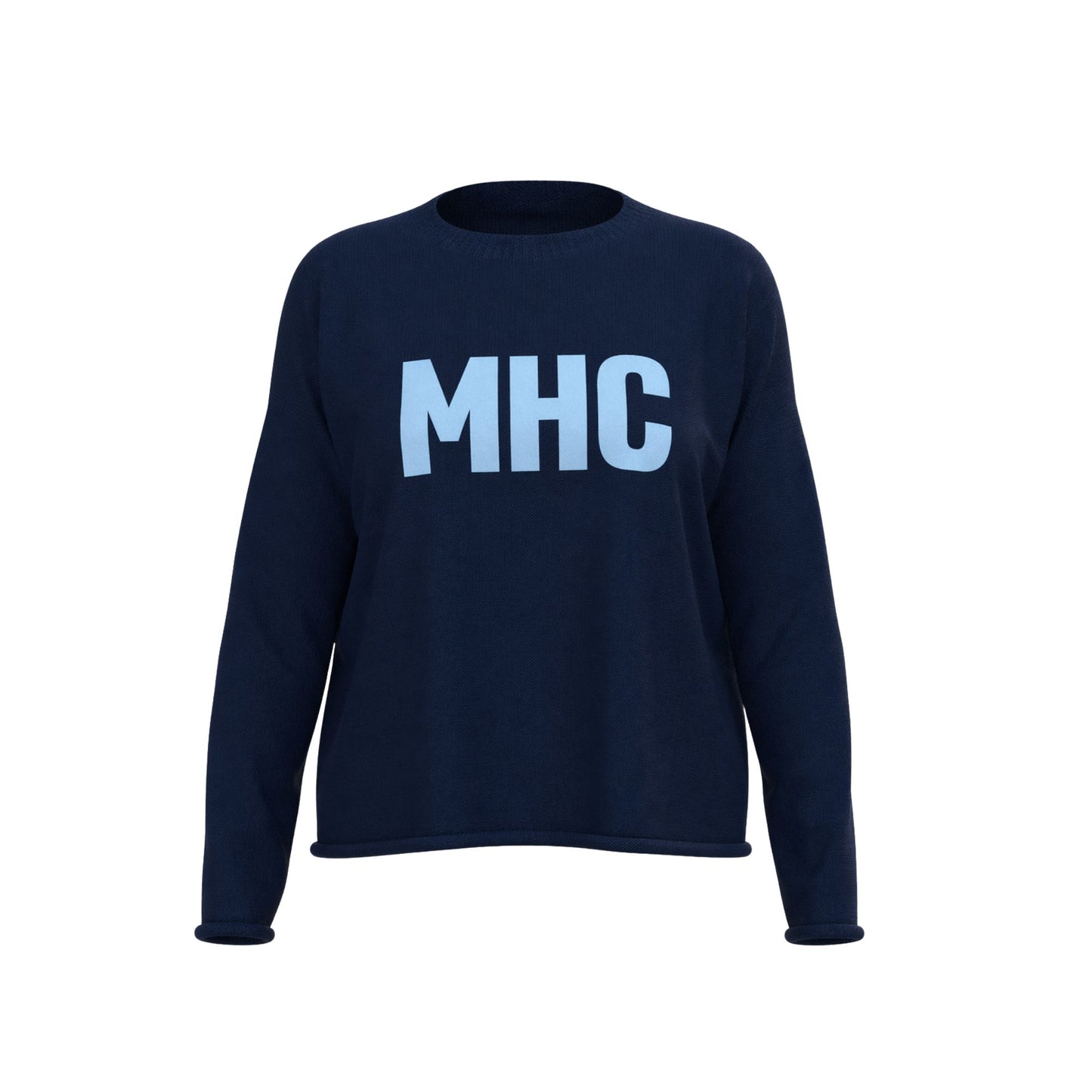 Navy blue sweatshirt with 'MHC' text on a white background
