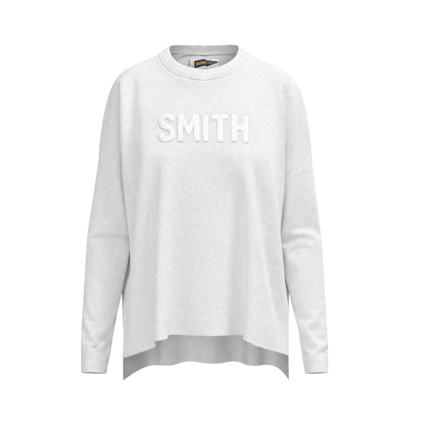 White sweatshirt with 'SMITH' text on a white background