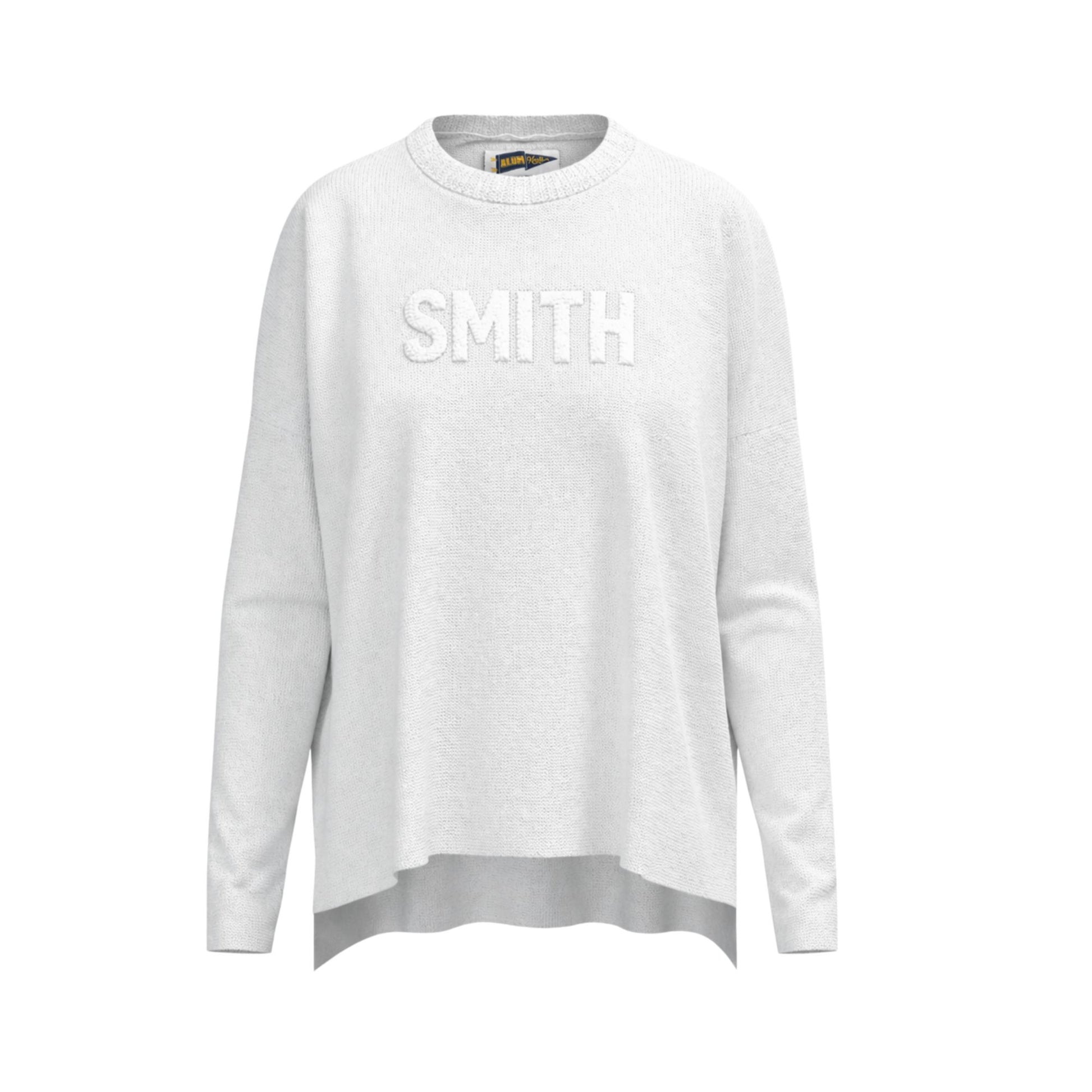 White sweatshirt with 'SMITH' text on a white background