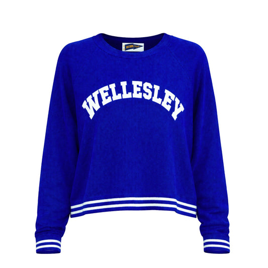 A royal blue cropped crewneck sweater featuring 'WELLESLEY' printed in white arched block letters across the chest, with white double stripes at the hem and cuffs, shown against a plain white background.