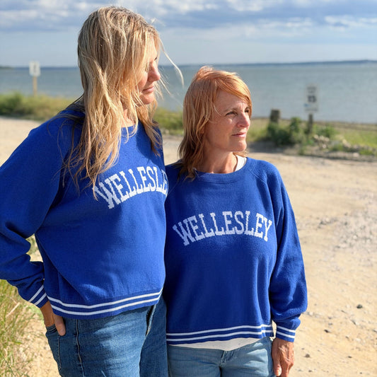 Two women standing outdoors near the water wearing matching royal blue sweaters with 'WELLESLEY' printed across the chest in white varsity lettering and white striped ribbed cuffs and hem.