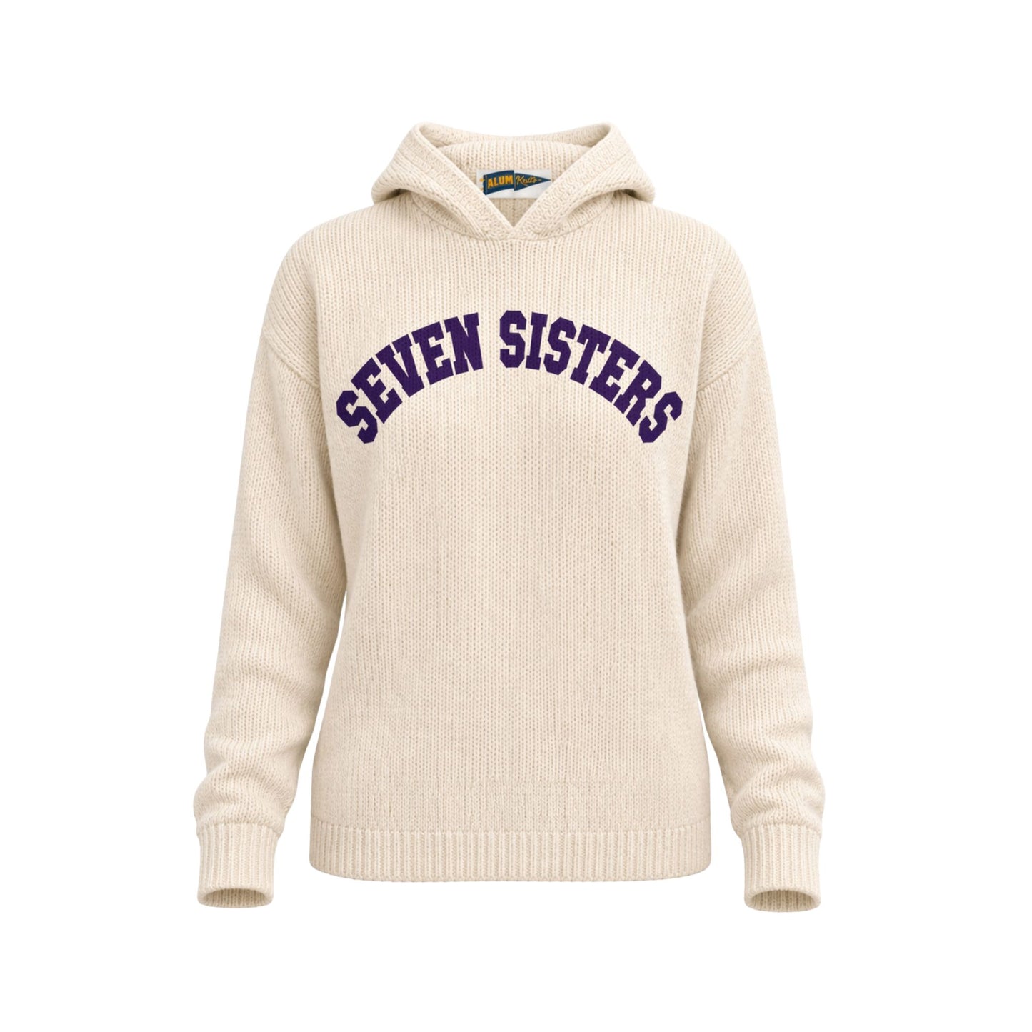 Beige hoodie with 'Seven Sisters' text on a white background