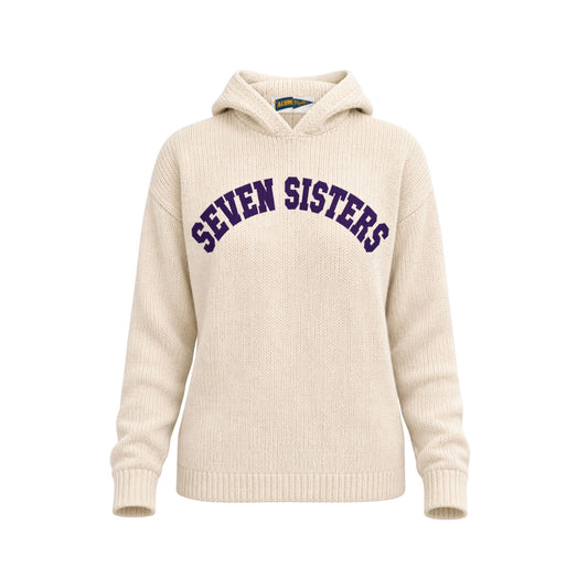 Beige hoodie with 'Seven Sisters' text on a white background